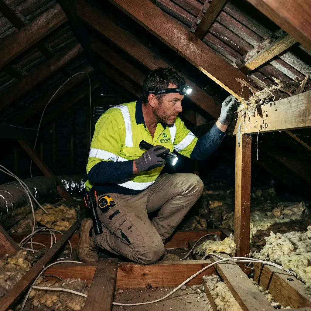Technician inspecting a roof cavity for a dead animal in Roxburgh Park