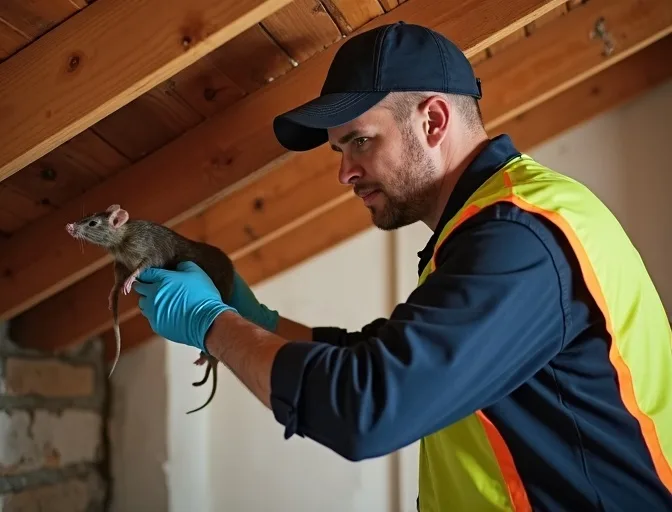 Technician inspecting a roof cavity for a dead rat in Roxburgh Park